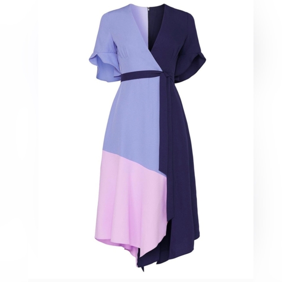 Antropologie Hutch V Neck Color Block Flutter Sleeve Wrap Dress Blue/Lilac Sz M - Picture 2 of 12